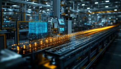 Transforming with IoT, a manufacturing environment upgraded with IoT devices for real-time monitoring and data analytics. Show digital sensors on equipment, 