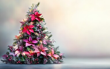 Naklejka premium Floral Christmas Tree Christmas tree made from colorful winter flowers like poinsettias, holly berries, and pine branches, with a soft gradient background 