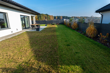 Scarifying the lawn before the winter season using an electric scarifier.