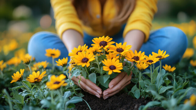 Fototapeta A gardener carefully plants bright yellow flowers in rich soil, surrounded by a lush garden on a sunny day