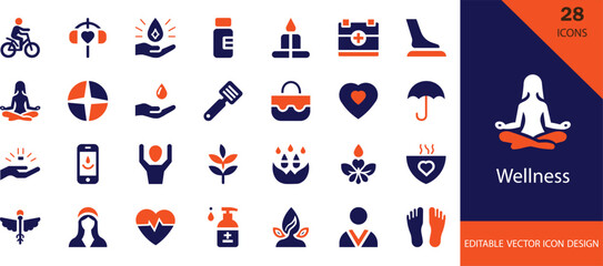 Obraz premium Minimal wellness solid icon set featuring self-care symbols, mental health markers, relaxation elements, fitness balance signs, and holistic lifestyle