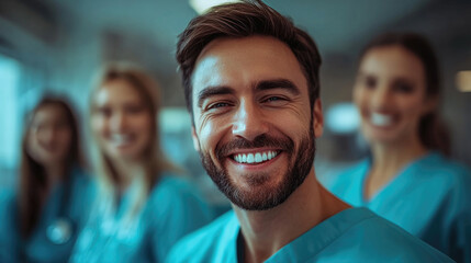 Fototapeta premium A group of healthcare workers joyfully pose together in scrubs, highlighting camaraderie and dedication in their clinical environment