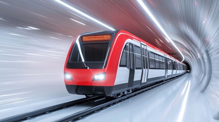 Naklejka premium A sleek red train speeds through a modern tunnel, showcasing high-speed travel and advanced transportation technology.