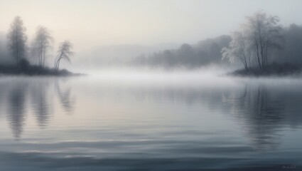 Fototapeta premium Misty lake in Soft Surrealism style. Created with generative AI technology