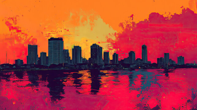 Maiduguri, Nigeria, Pop Art style theme print. Cityscape, city skyline.Vibrant, bright, modern, trendy, graphic designed for poster, card, wallpaper