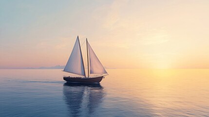 Naklejka premium A serene sailing boat glides across calm waters at sunset, creating a picturesque scene of tranquility and natural beauty.