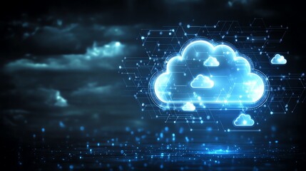 Obraz premium Digital cloud concept with glowing data connections in dark sky, representing technology, innovation, and information exchange.