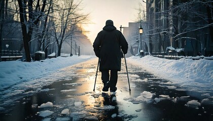 Danger of black ice in winter on a sidewalk with an old man