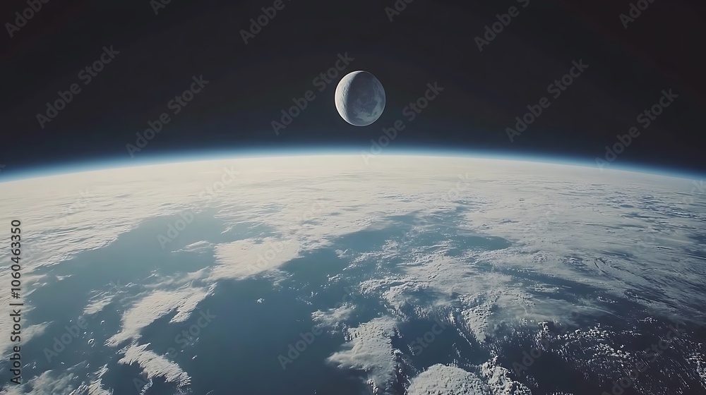 Sticker earth and moon from space minimalist white background with space for text