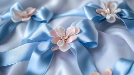 Soft blue pastel ribbon accessories with a bow and flower detail. illustration