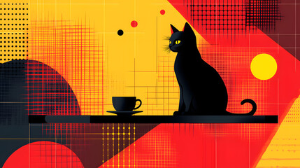 Elegant Bauhaus Style Illustration of a Cat Perched Beside a Coffee Cup Amidst Geometric Artistic Shapes