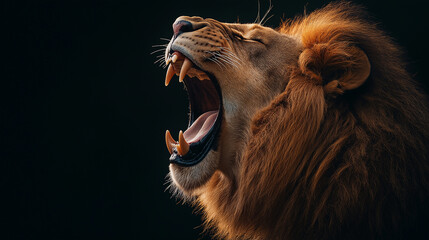 A Majestic Roaring Lion: A Powerful Close-Up Of A Lion Displaying Its Strength And Ferocity Against A Dramatic Black Background, Capturing The Essence Of The King Of The Jungle