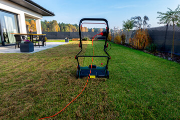 Scarifying the lawn before the winter season using an electric scarifier.