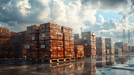 A Scenic Editorial Photorealistic Depiction of Stacks of Terracotta Bricks in an Outdoor Setting Under Dramatic Cloudy Skies