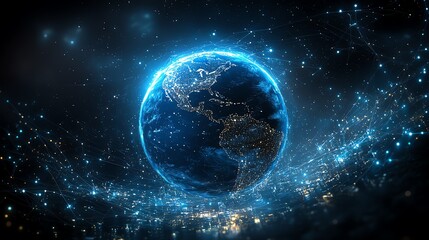 Obraz premium Glowing digital Earth surrounded by a network of bright, interconnected lines and glowing particles against a starry night backdrop.