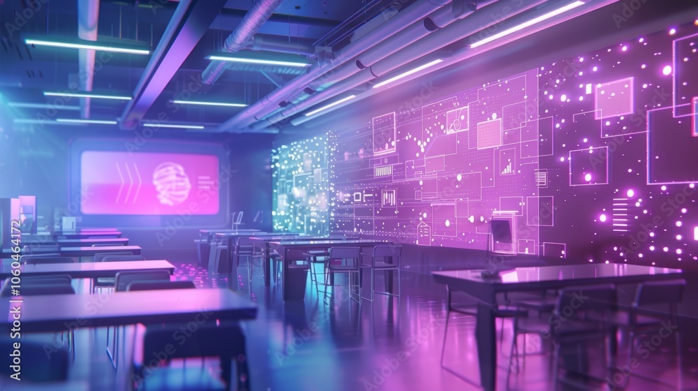 Poster empty futuristic classroom with desks and chairs is showing interactive data visualization and analy