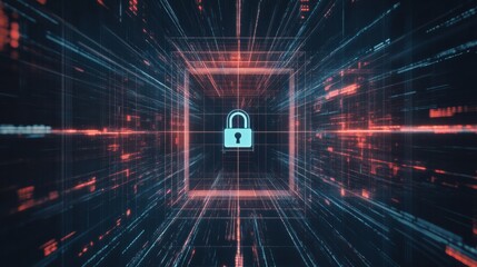 A display shows a prominent lock icon surrounded by vibrant digital lines, highlighting data protection measures in technology. Generative AI