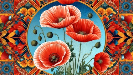 Poppy flowers in Pattern and Decoration style. Created with generative AI technology