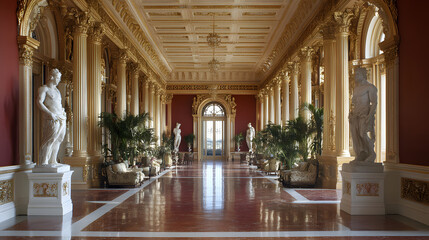 Fototapeta premium Extravagant Reception Hall in French Second Empire Style Featuring Gilded Moldings and Greek Statues in Hyper-Realistic Painting