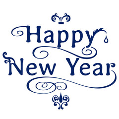 Vector Happy New Year inscription with decorative ornametns in blue color isolated on white background.