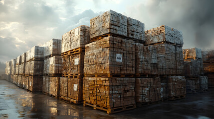 A Scenic Editorial Photorealistic Depiction of Stacks of Terracotta Bricks in an Outdoor Setting Under Dramatic Cloudy Skies