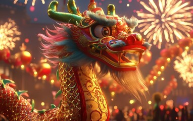 Dragon Dance Parade A colorful Chinese dragon puppet weaving through a parade, adorned with intricate red, gold, and green decorations, against a festive backdrop with bright fireworks