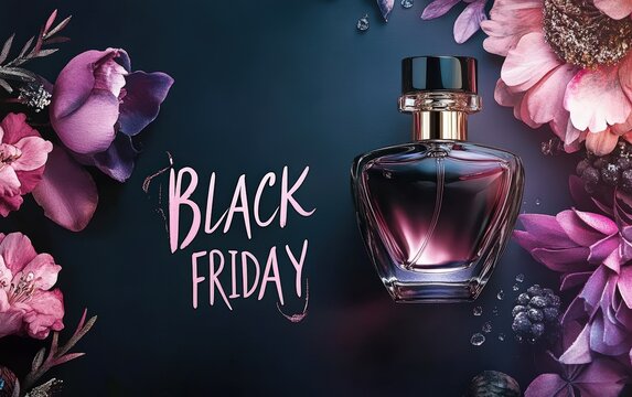 BLACK FRIDAY Perfumes "BLACK FRIDAY" written in cursive font next to a sleek, glass perfume bottle with floral accents, showcasing elegance and fragrance sales appeal. 