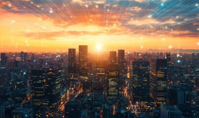 Fototapeta premium Stunning cityscape at sunset with illuminated skyline and glowing lights, capturing the beauty of urban life and technology