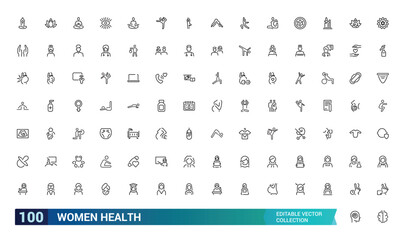 Women Health icon set. Containing pregnancy, gynecology, fitness, wellness, nutrition, care, hormones, and more. Line vector icons collection. Vector illustration.