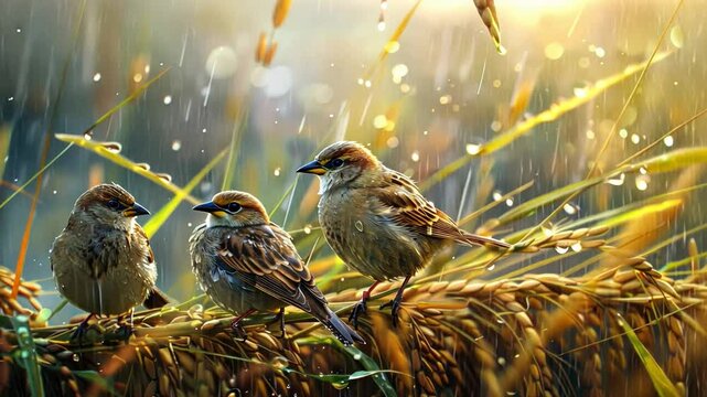 Three Sparrows in the Rain: A trio of sparrows huddle together on a branch, bathed in the warm glow of a sun-drenched rainstorm.