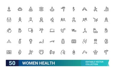 Women Health icon set. Containing pregnancy, gynecology, fitness, wellness, nutrition, care, hormones, and more. Line vector icons collection. Vector illustration.