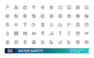 Water Safety icon set. Containing life jacket, swimming, lifeguard, flotation device, waves, rescue, danger, and more. Line vector icons collection. Vector illustration.