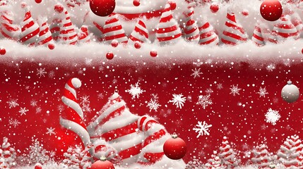 Playful Christmas tree pattern with candy cane stripes, peppermint baubles, and snow accents, red and white color scheme, cozy winter feel, hd quality, seamless background. --ar 16:9 --tile