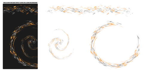 Collection of dynamic light effects featuring vibrant orange and silver swirls on a transparent background. 