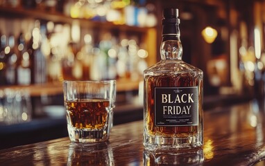 "BLACK FRIDAY" in a luxurious font next to a bottle of premium whiskey or scotch, set against a cozy bar with dim lighting and elegant glassware 