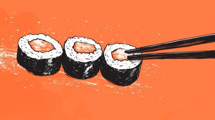 Sketch illustration of sushi rolls in motion with chopsticks on an orange background.