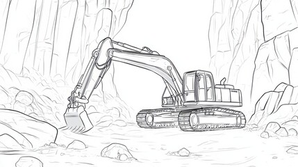 Playful illustration of an excavator with a large digging arm and bucket, set on a blank background as a coloring page for kids.