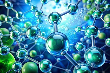 Closeup of Hydrogen Cells and Blue Liquid Molecules Representing Green Energy Transport Technology and Water Atoms in Long Exposure Photography
