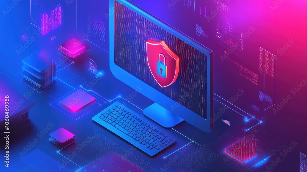 Fototapete A computer monitor shows a shield with a lock icon, highlighting the importance of internet security and data protection measures. Generative AI