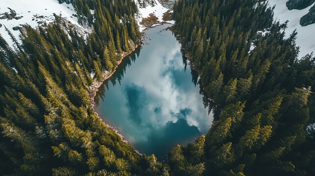 A aerila shot of alphine lake and trees UHD wallpaper