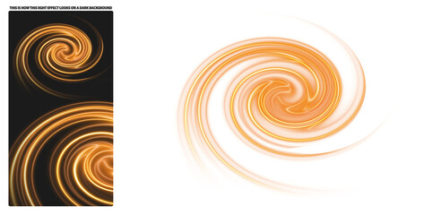Abstract dynamic swirling light effect featuring vibrant gold tone on a transparent background. Isolated PNG illustration.