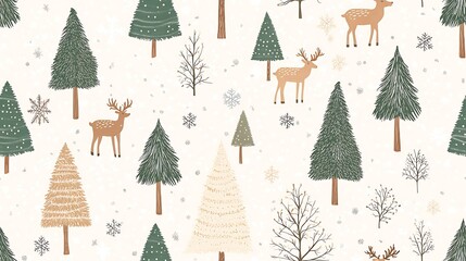 Simple hand-drawn Christmas trees with snowflakes and reindeer, soft earthy colors like olive green and taupe, seamless winter pattern, cozy and rustic look, hd quality. --ar 16:9 --tile
