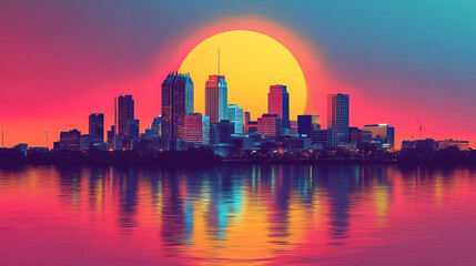 Fototapeta premium Memphis, USA, Pop Art style theme print. Cityscape, city skyline.Vibrant, bright, modern, trendy, graphic designed for poster, card, wallpaper