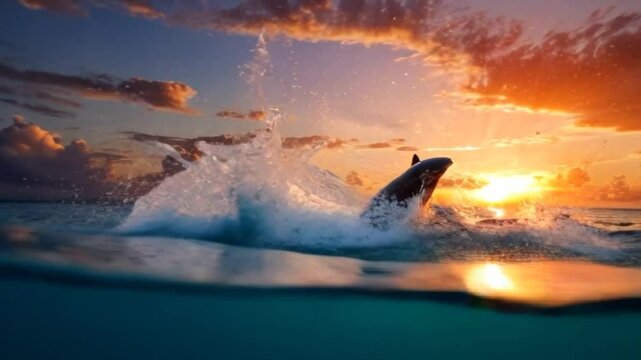 A dynamic moment of a dolphine breaching in the ocean, with the sun setting in the background, creating a beautiful contrast between the natural elements and the vibrant colors of the sky.