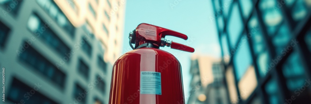 Poster a bright fire extinguisher is prominently placed in the foreground with a blurred urban building beh