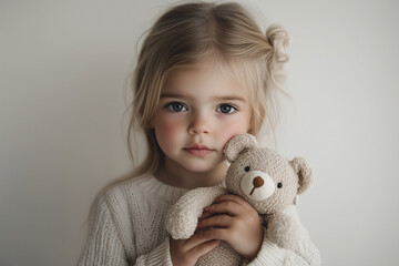 Touching Childhood Moment: Sad-Eyed Little Girl Embracing Her Teddy Bear with Plenty of Copyspace