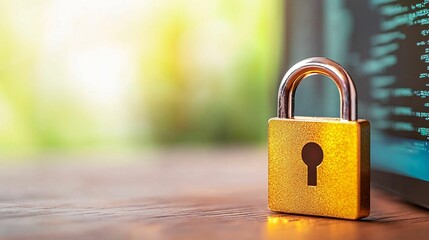 Fototapeta premium A golden padlock rests on a wooden surface with a blurred background, symbolizing security and protection in a digital age.