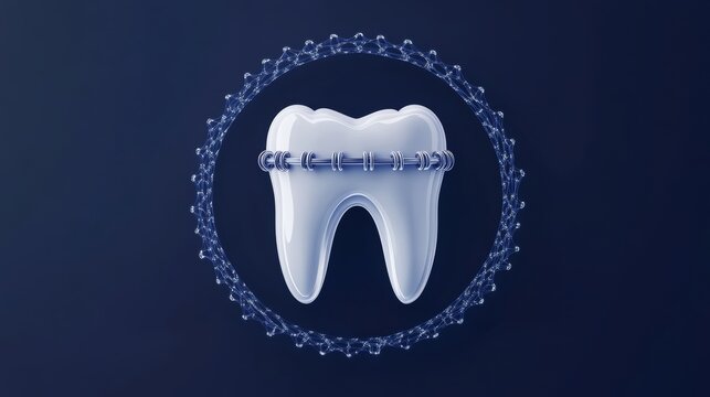 Tooth with braces in a circular frame on dark blue, ideal for dental logos.