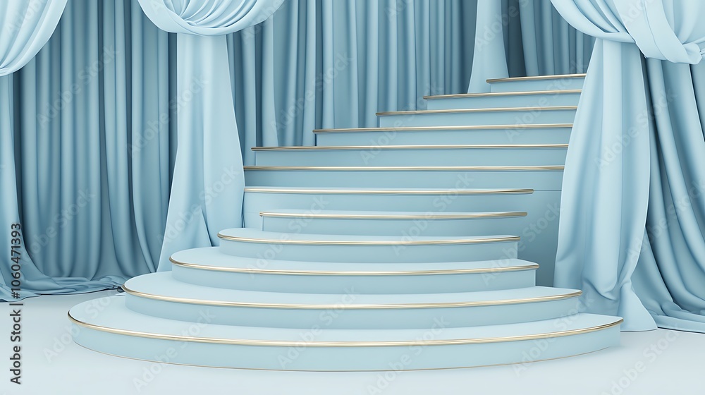 Wall mural blue staircase with curtains plain textured background for web design and copy