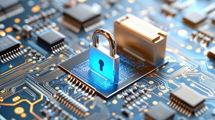A metallic padlock sits atop a glowing circuit board, symbolizing digital security and data protection in technology.